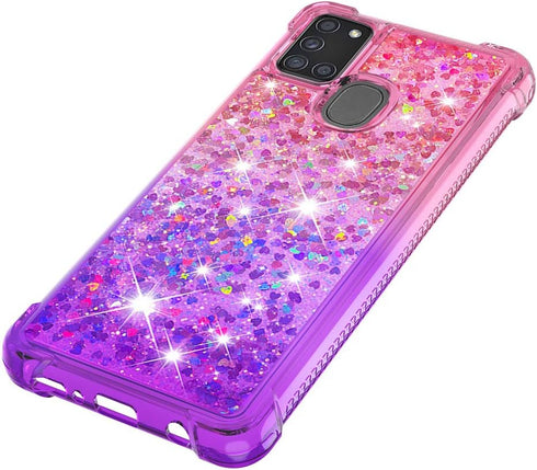 Samsung Galaxy A21S Case with Tempered Glass Screen Protector, Glitter Bling Floating Liquid TPU Shockproof Cover -