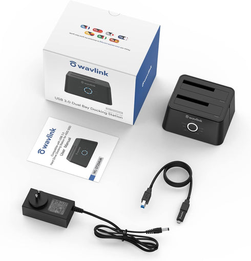 WAVLINK USB 3.0 and USB C to SATA Dual-Bay External Hard Drive Docking Station for 2.5/3.5 Inch HDD/SSD (6Gbps) - Black