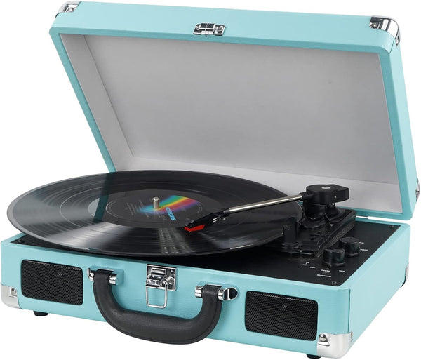 Vinyl Record Player Bluetooth Wireless Turntable, 3-Speed Portable Vintage Suitcase with Built-in Speakers, Extra