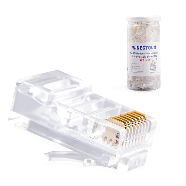 Cat5e RJ45 Connectors, 100-PACK Cat5 Ends Modular Plugs (3-Prong Gold Plated 15 ) UTP Network Plug for Solid Strand