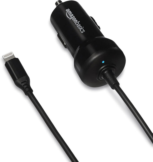 Amazon Basics 12W Car Charger with Lightning Cable (Straight) for iPhone and Apple Devices, 3 ft - Black