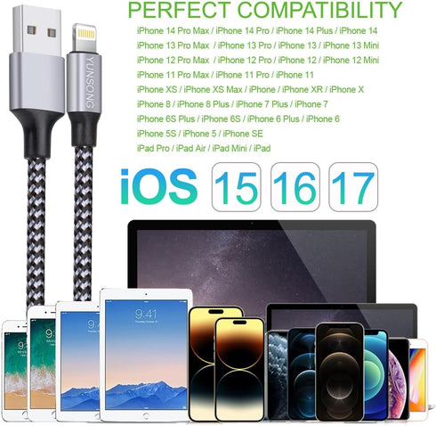 MFi Certified iPhone Charger 3-Pack: 6FT Nylon Braided Lightning Cable for Fast Charging & Data Sync, Compatible with