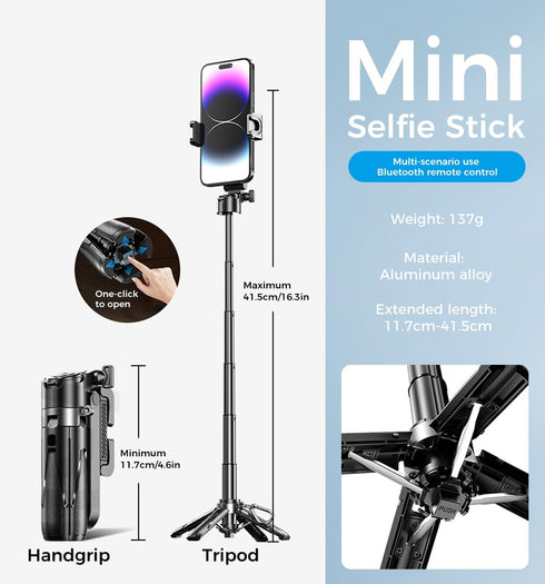 MAGIC JOHN Phone Tripod, Portable Selfie Stick, Pocket Size Selfie Stick for iPhone, Tripod for Phone with Detachable