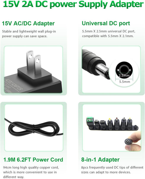15V 2A DC Power Supply Adapter 30W AC/DC Charger AC 100V-240V to DC 15 Volt 2000mA 1500mA 1000mA Replacement Power Cord with 8TIPS for Monitor Wireless Router Security Audio Video 6.56FT