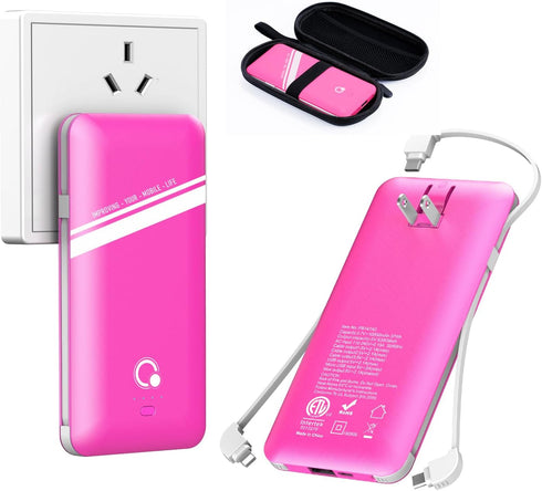 Q Slim 10000mAh Power Bank, Portable Charger with 4 Output External Battery Pack & Built-in AC Wall Plug (Pink)