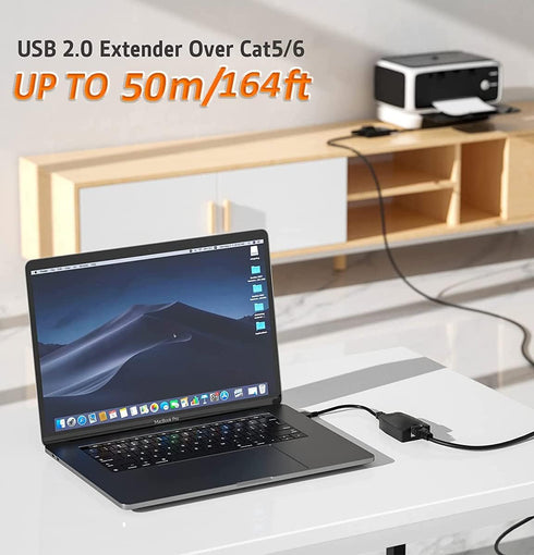 USB Extender Over RJ45 Cat 6/5/5e Adapter, RJ45 Ethernet Splitter to USB Extension up to 50m/164ft