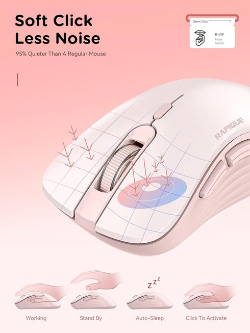 RAPIQUE 2.4 Bluetooth Wireless Mouse - Dual Bluetooth & GHz USB Receiver, Ergonomic Design, Quiet Clicks, Low Power
