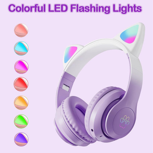 Kids Bluetooth Headphones, Wireless Over-Ear Headphones with Microphone, Cat Ear Design for Girls, Purple