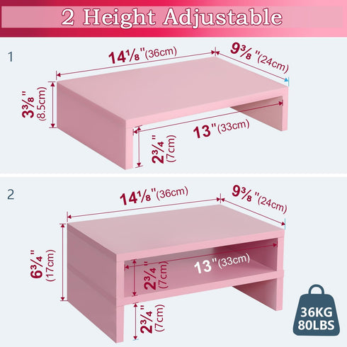 TEAMIX Pink Monitor Stand Riser - 2 Pack Wood 2 Tier Adjustable Stand for Dual Monitors, Laptop, PC