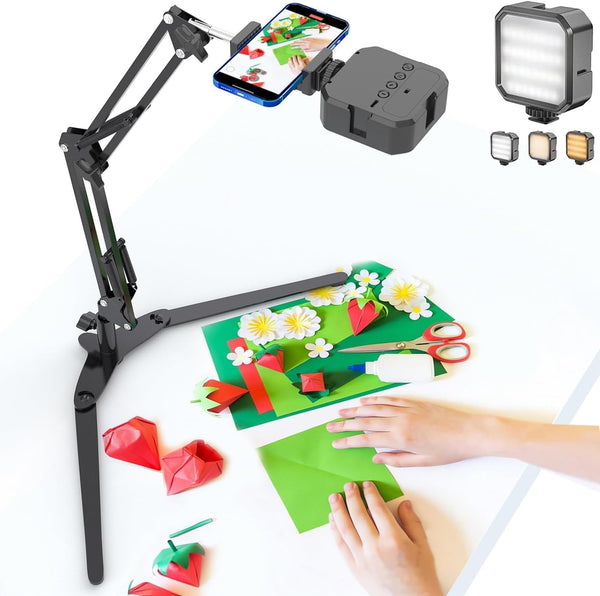 MLSAC Overhead Phone Mount with LED Light, Phone Stand for Recording, Adjustable Tabletop