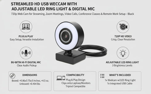 Generic StreamLED 720p Setup HD USB Webcam with Adjustable LED Ring Light & Digital Mic Web Cam for Streaming, Zoom