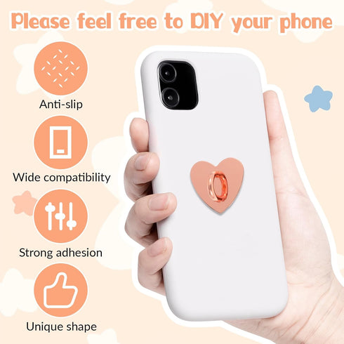 Qianyu 16 PCS Heart Cell Phone Ring Holder Metal Phone Ring Holder Adhesive Metal Phones Finger Grip Loop Heart Grip