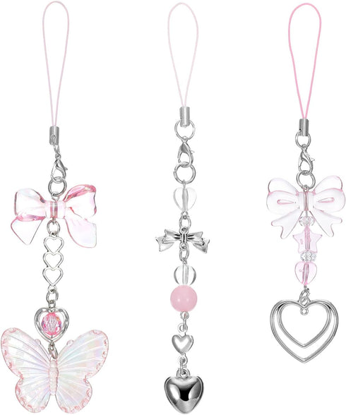Mabor 3Pcs Pink Cell Phone Charms Cute Butterfly Heart Bow Shape Cellphone Case