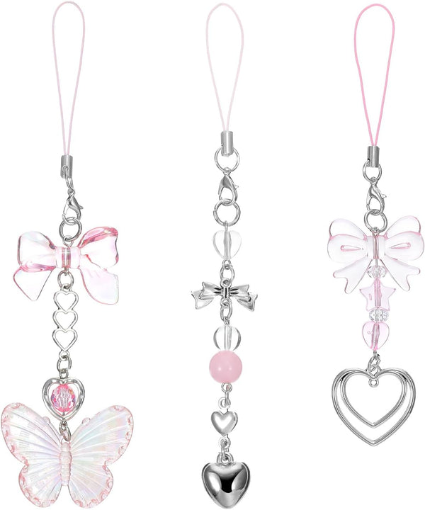 Mabor 3Pcs Pink Cell Phone Charms Cute Butterfly Heart Bow Shape Cellphone Case