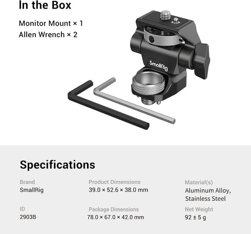 SmallRig Adjustable Camera Monitor Mount for ARRI-Style, 360° Swivel & 180° Tilt Monitor Holder, 2903B