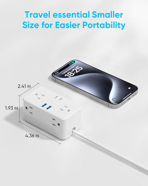 European Travel Plug Adapter, Compact Power Strip with 6 AC Outlets, 4 USB Ports (2 USB C), 3ft Wrapped Extension Cord