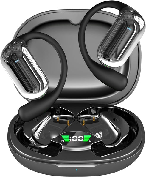 JIECAN Open Ear Headphones, Bluetooth V5.3 Wireless Earbuds with Earhooks and Charging Case for Running (Black)