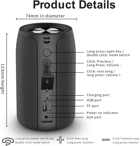 ZEALOT Portable Bluetooth Speakers, Wireless S32 Small Outdoor Speaker, Waterproof IPX5, Black