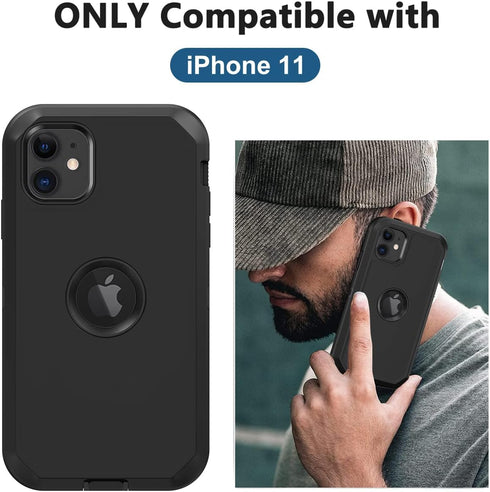 for iPhone 11 Case, Built-in Screen Protector Heavy Duty Drop Protection, Full Body Rugged Shockproof Cover - Black