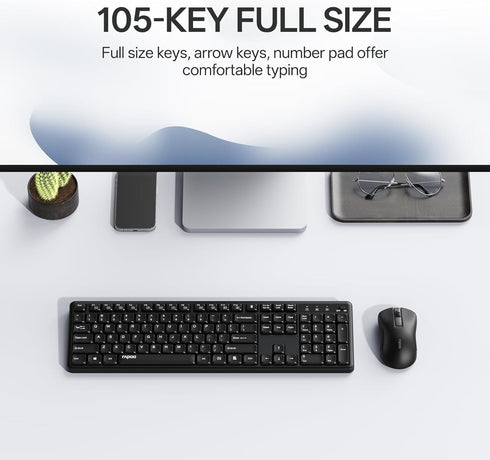 Rapoo X2100 2.4GHz 12 Quiet Wireless Keyboard and Mouse Combo, USB Receiver, Multimedia Keys, Spill-Proof, Full-Sized