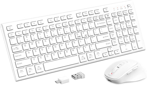 Wireless Keyboard Mouse Combo - USB Type C Rechargeable Slim Silent White Keyboard with Number Pad for Windows & macOS