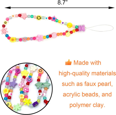 Colourful Phone Accessories Charm String Beads Lanyard, Anti-Lost Phone Chain with Smiley Face, Evil Eye, Flower,
