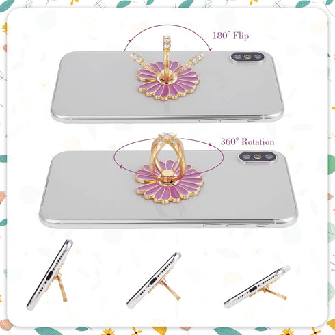 Cell Phone Ring Holders, 4 Pcs Cute Daisy Finger Kickstands Metal Round 180°/360° Rotation Hand Grip with Knob Loop Phone Ring Grips Compatible with Most Smartphones, Tablets