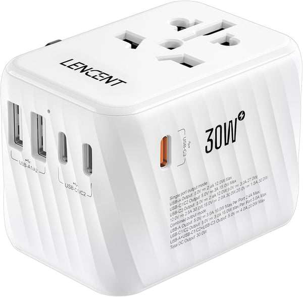 LENCENT Universal Travel Power Adapter, 30W Wall Charger with 3 USB C, 2 USB A Fast Charging, Worldwide Plug Adaptor