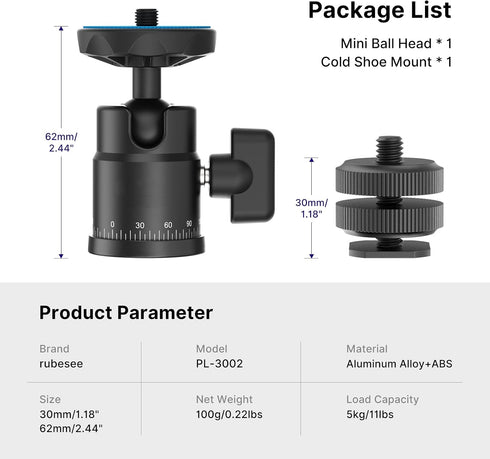 rubesee 1/4" 360 5.5lbs Mini Ball Head, Panoramic Camera Tripod Head with Screw Shoe Mount, Rotatable Metal Adapter