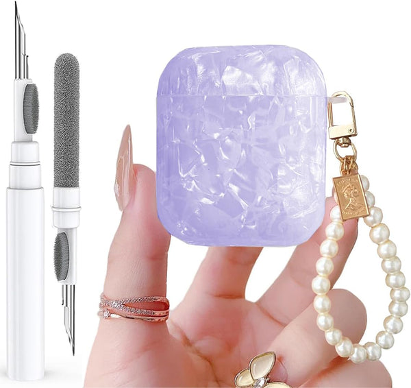 Olytop Cute Glitter Airpods 2nd/1st Generation Case with Cleaner Pen, Shell Pattern Cover with Pearl Keychain