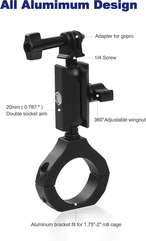 UTV Camera Mount for 1.75"-2" Roll Bars, Compatible with GoPro, Mevo Start, Easy Install Action Camera Accessories