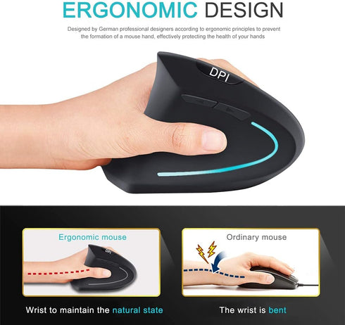 Left Handed Mouse, 2.4G Wireless Rechargeable Ergonomic Vertical Mouse with USB Dongle, Silent Click, 3 Adjusted DPI, 6