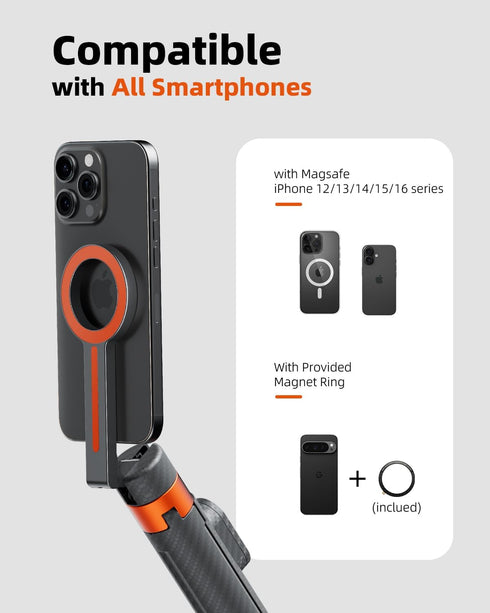 TODI 65" 16/15/14/13/12 Magnetic Tripod for iPhone with Remote, Selfie Stick for iPhone Magsafe, Cell Phone Tripod
