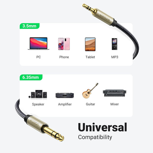 UGREEN 6.6FT 1/8 to 1/4 Stereo Cable 3.5mm TRS to 6.35mm Audio Cable for Guitar, Laptop, Home Theater