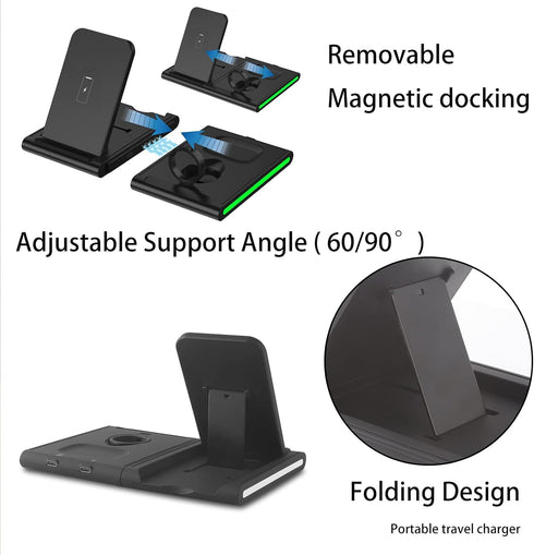Portable Fast Wireless Charger, 4 in 1 Qi Fast Charging Station, Detachable Wireless Charger for iPhone 13/12/12