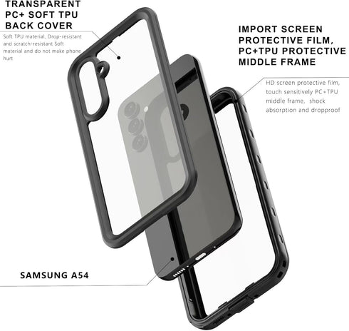 Fully Sealed Waterproof Case for Samsung Galaxy A54 5G, IP68 Shockproof Dustproof Clear Cover Protector for A54 5G