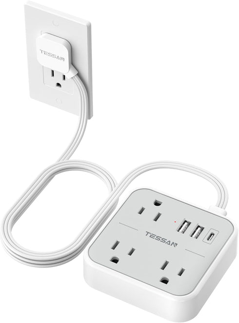 TESSAN Ultra Thin Flat Extension Cord 5 FT, Slim Power Strip with USB