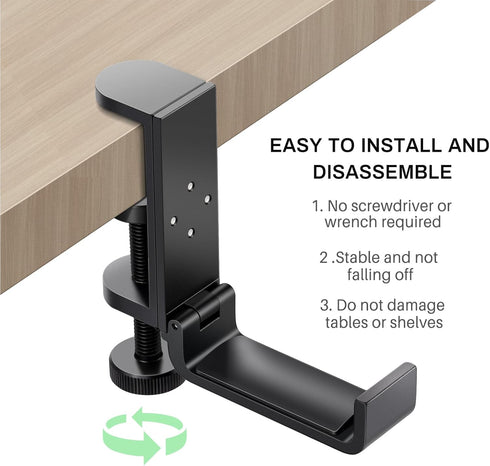 All Aluminum Foldable Headphone Holder for Desk, Universal Headphone Stand, Backpack Hook, Under Desk Clamp Hook (Black)