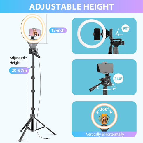 SENSYNE 12-inch 67-inch Ring Light with Selfie Stick, Tripod and Phone Holder, Selfie Remote Control Circle Light