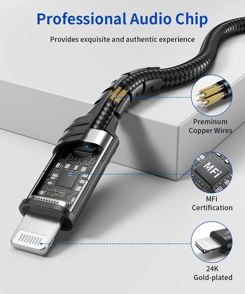 JSAUX 6FT Lightning to 3.5mm Audio Cable - MFi Certified for iPhone 14/13/12/11/X/8 - Black Aux Cord
