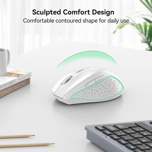 TECKNET Wireless Mouse, 2.4G USB Computer Mouse, 6-Level Adjustable 4800 DPI, Ergonomic Grips, 6 Buttons - White