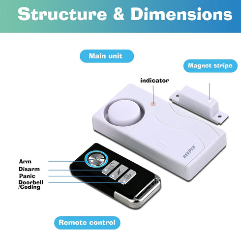 HENDUN Wireless Remote Door Alarm for Windows, Magnetic Security Sensor, Pool Safety for Kids, Alzheimer's Care