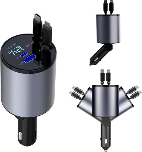 Retractable Car Charger, 66W 4 in 1 Super Fast Charging with 2 Retractable Cables and 2 USB Ports for iPhone