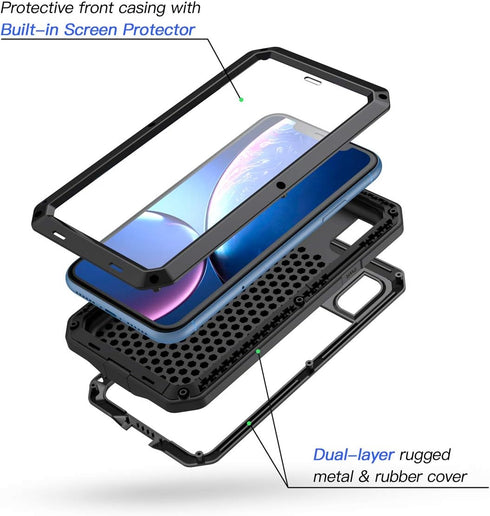 Lanhiem iPhone XR Metal Case, Heavy Duty Shockproof Rugged Full Body Cover with Built-in Glass Protector, Black