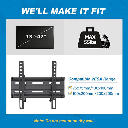 Pipishell Tilting TV Wall Mount Bracket, Low Profile for 13-42 Inch Flat Screen TVs & Monitors