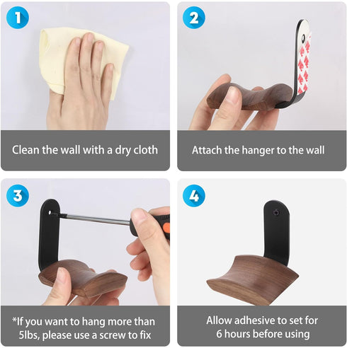 Walnut Wood Headphone Wall Mount Holder - with VHB Adhesive Tape and Screw, Holds 10 lbs (Black & Walnut Wood)