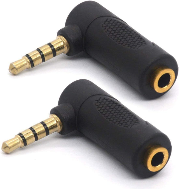 Gold Plated 3.5mm Headphone Adapters, Right Angle TRRS Male to Female AUX Connector, 90 Degree (2 Pack)