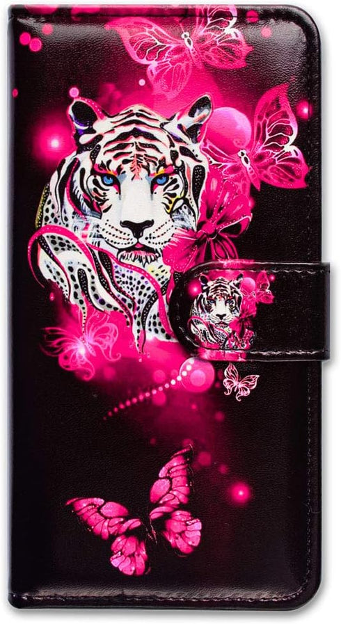 Google Pixel 6 Case, White Tiger Butterfly Leather Flip Wallet Cover with Card Slot and Kickstand