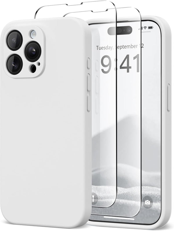 iPhone 14 Pro Max Case, White Silicone Shockproof, MagSafe Compatible, Full Camera Protection + 2 Screen Protectors,