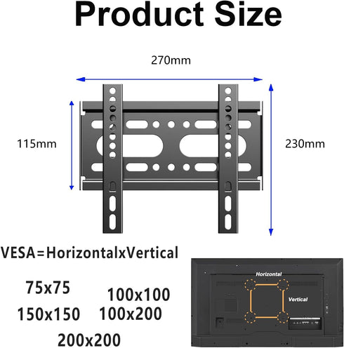 Fixed TV Wall Mount for 14-42" Flat Screen TVs, Small Wall Mount TV Bracket fit 19 24 28 32 35 39 40 inch, VESA Up to 200x200mm 55lbs Max Load, Easy Install Low Profile Monitor Mount Bracket
